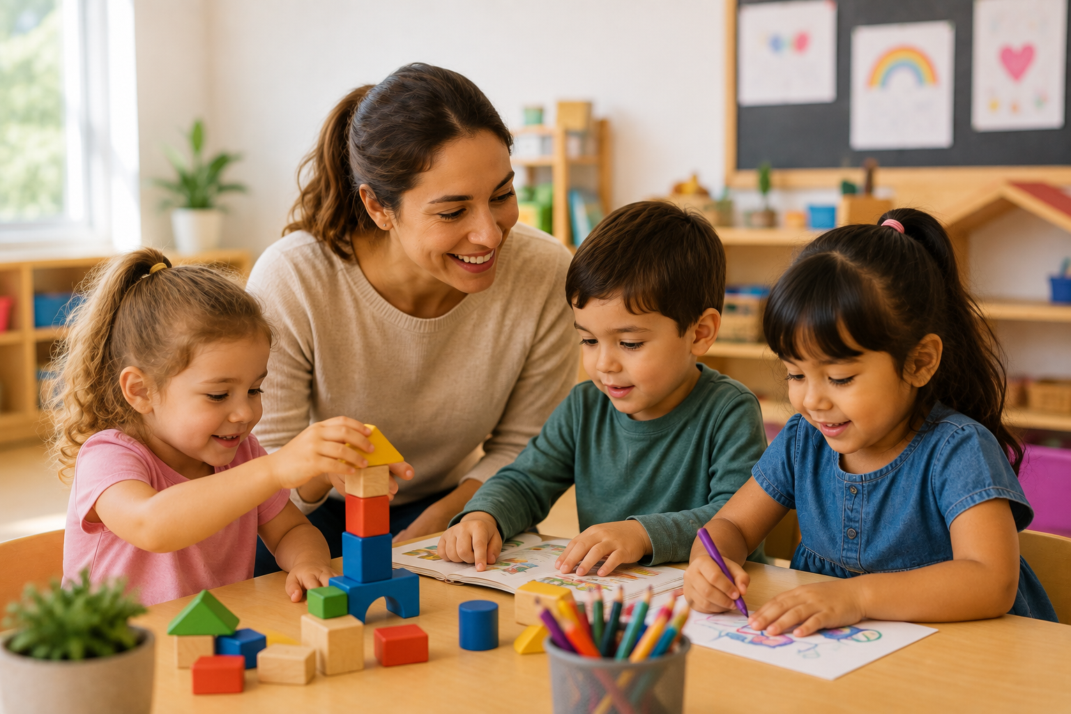 Preschool teacher helping children learn through play