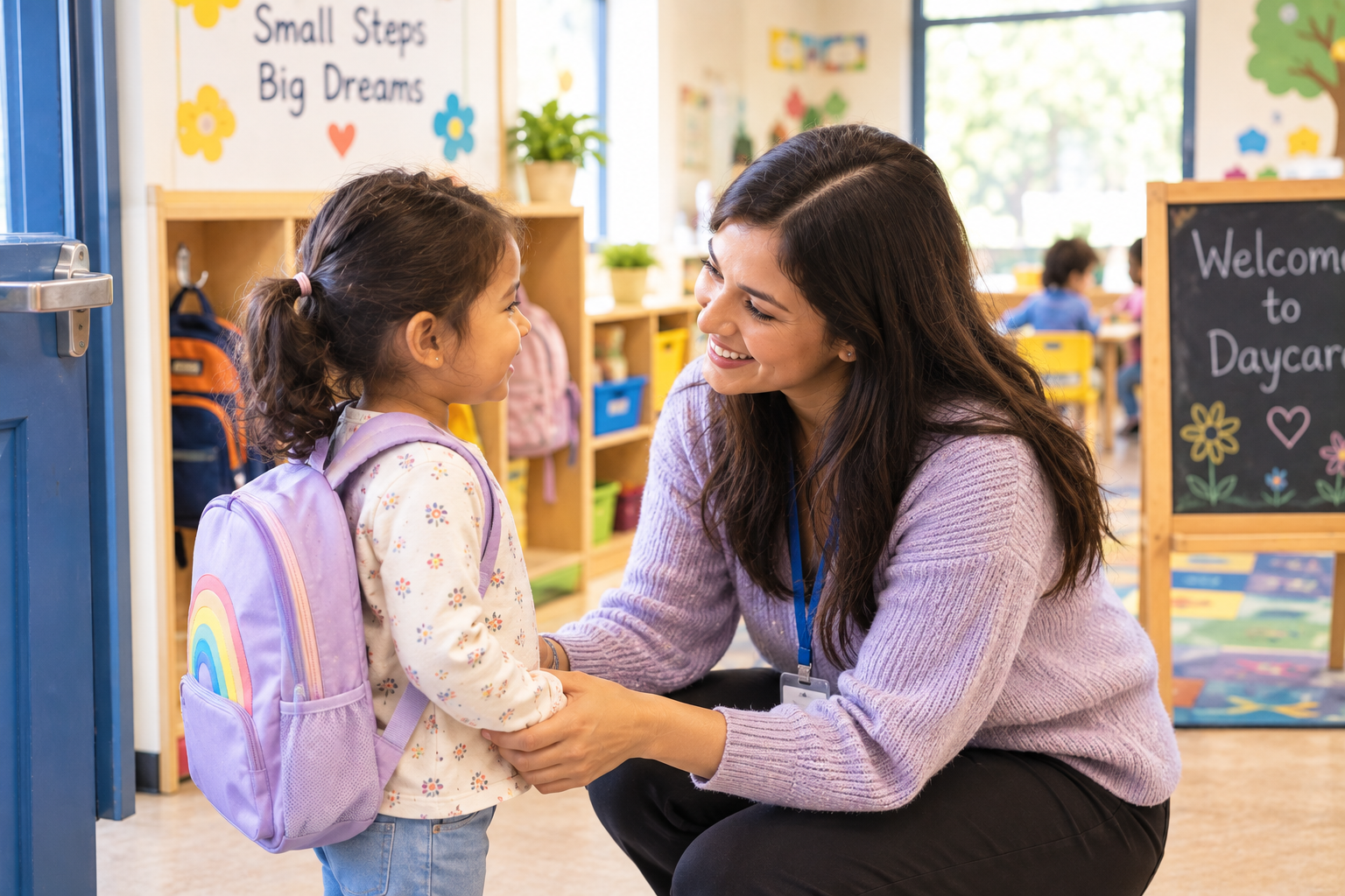 Toddler settling into classroom on first day of preschool in La Puente